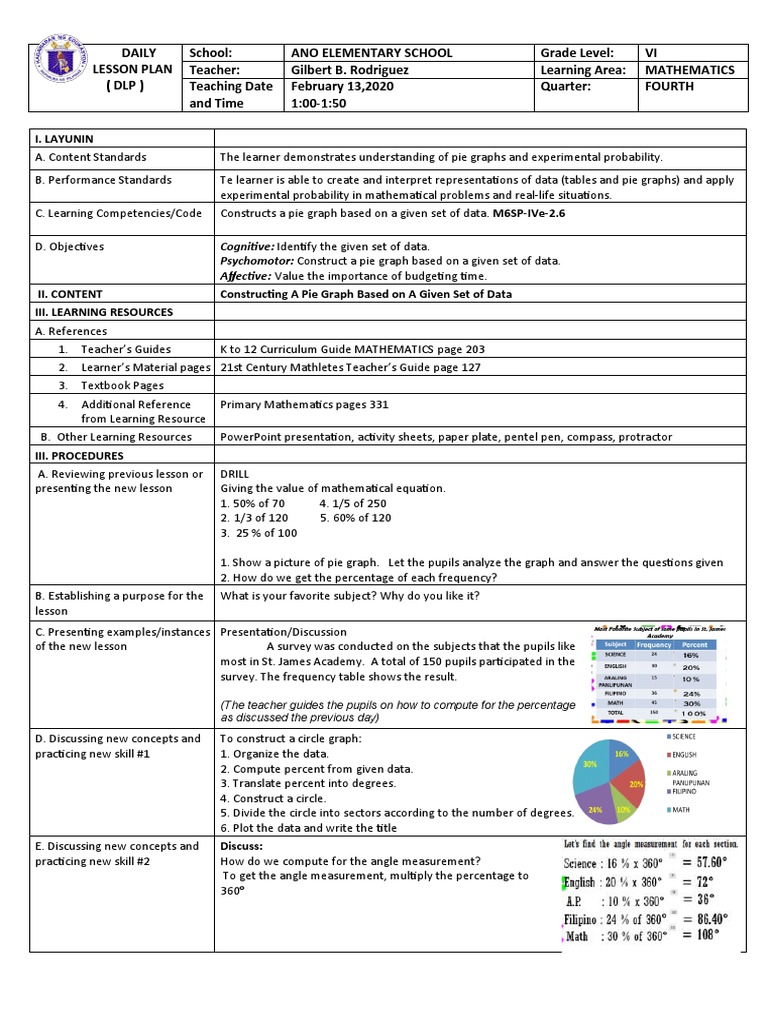 Grade 6 Pie Graph Lesson Plan | PDF | Pie Chart | Learning