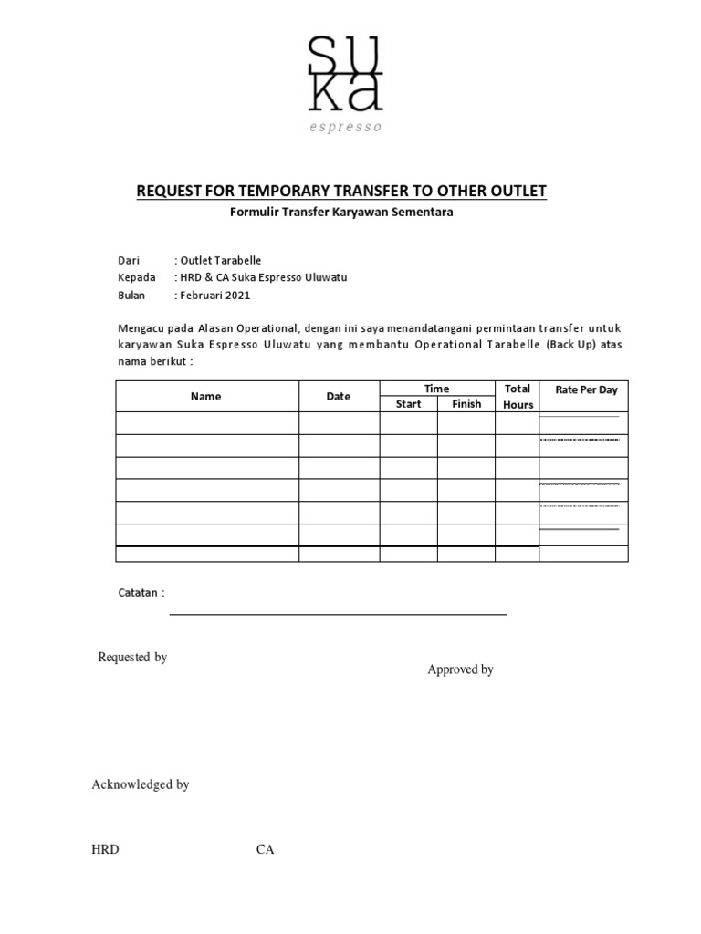 Permintaan Transfer Karyawan Tarabelle | PDF