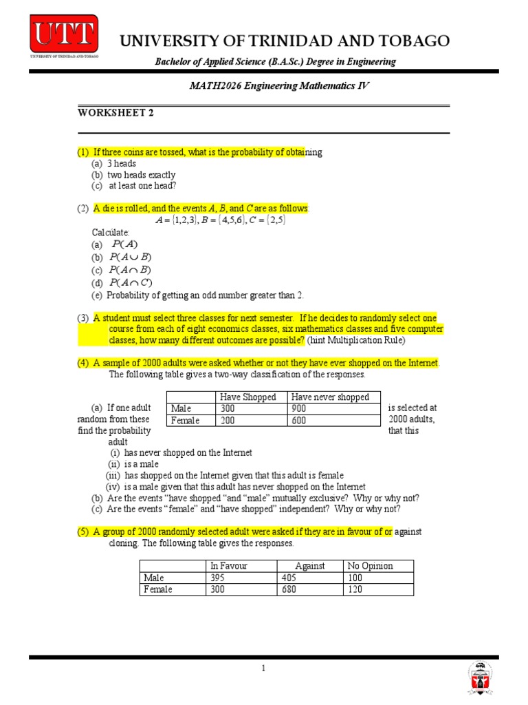 Engineering Probability Worksheet 2 | PDF | Bachelor Of Arts | Science
