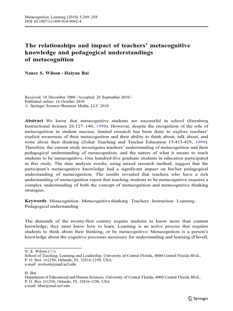 Impact of Teachers Metacognitive Knowledge | PDF | Metacognition ...