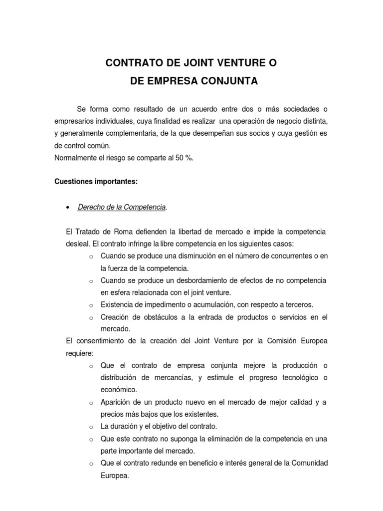 CONTRATO DE JOINT VENTURE Proyecto conjunto Mercado