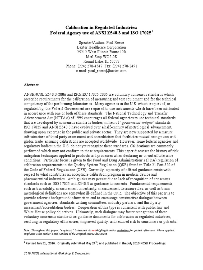 Baxter P.reese Calibration in Regulated Industries Federal Agency Use