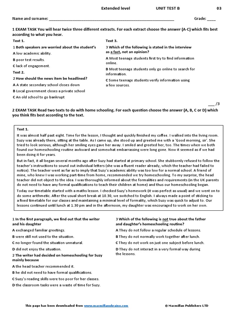 Extended Level Unit Test 3B | PDF | Homeschooling | Schools