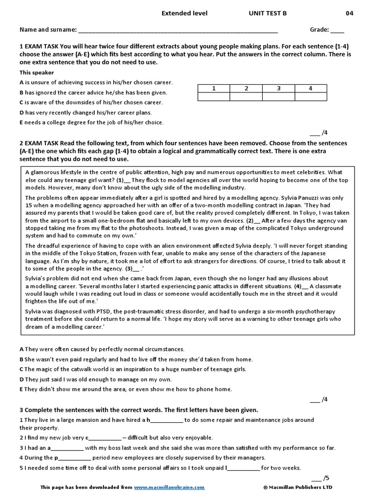 Extended Level Unit Test 4B PDF Test (Assessment)