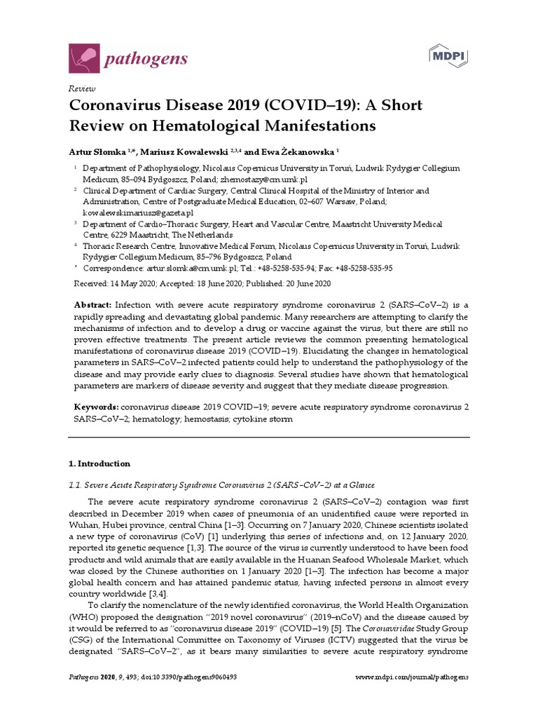 Coronavirus Disease 2019 (COVID-19) A Short Review On Hematological ...