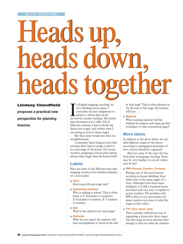 Lesson Planning Heads Up, Heads Down, Heads Together PDF Reading