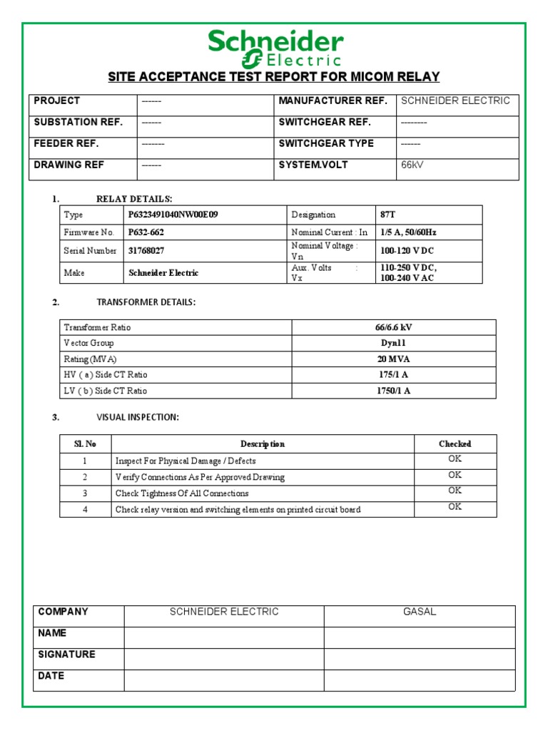 Site Acceptance Test Report For Micom Relay: - Schneider Electric ...