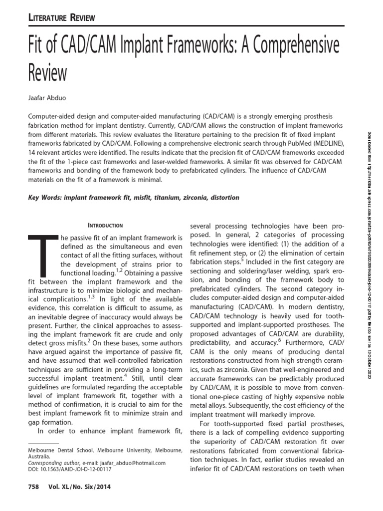 Fit of CADCAM Implant Frameworks A Comprehensive Review | PDF | Dental ...