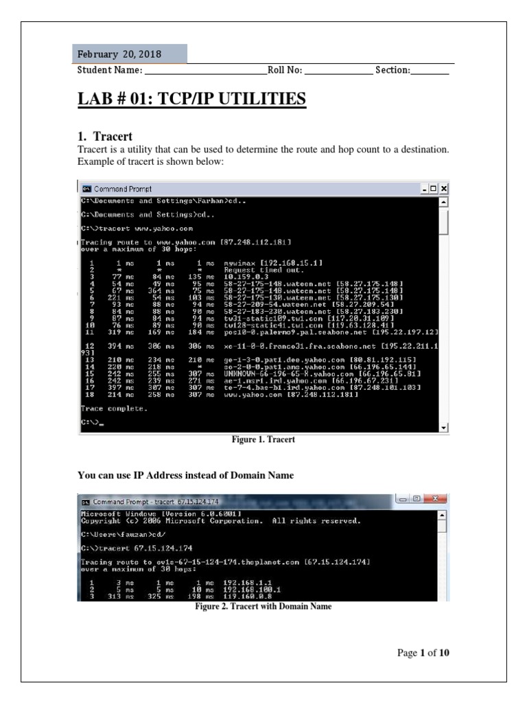 Lab 01 Tcp/Ip Utilities 1. Tracert PDF Network Socket File Transfer Protocol