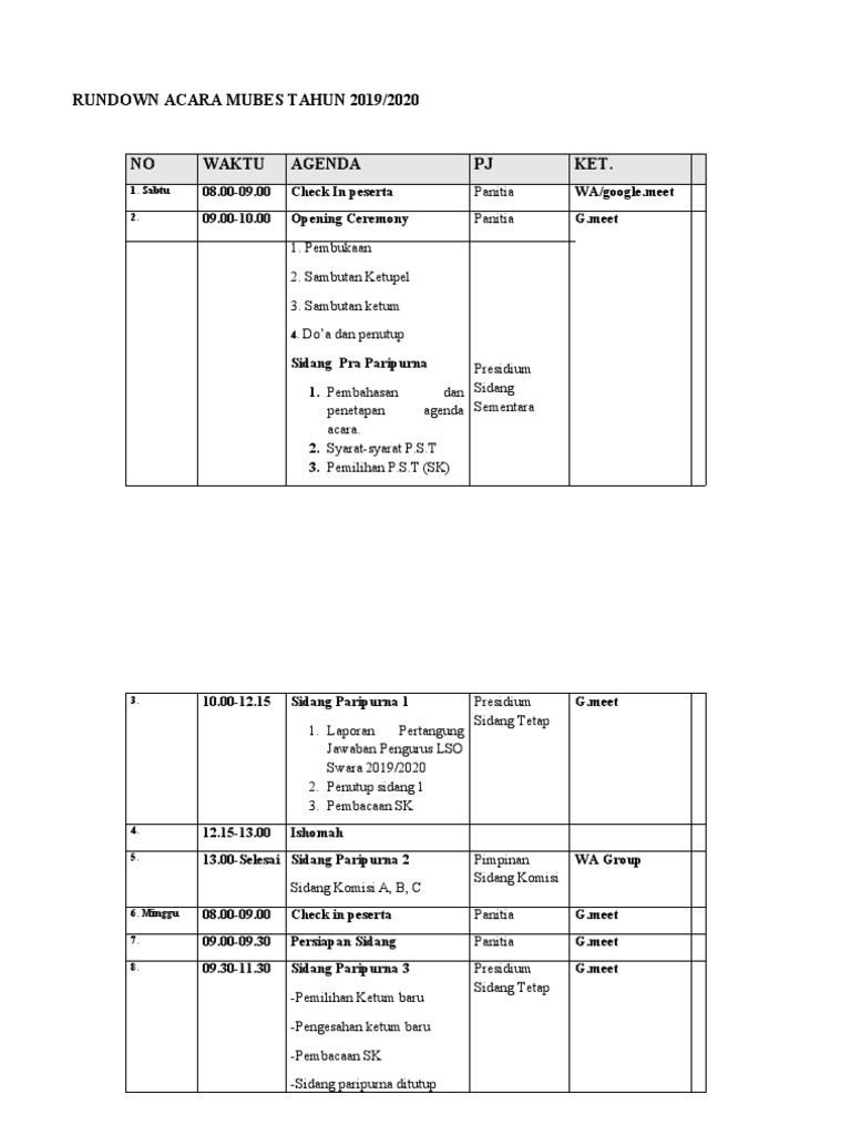 Rundown Acara Mubes Tahun 2019 | PDF