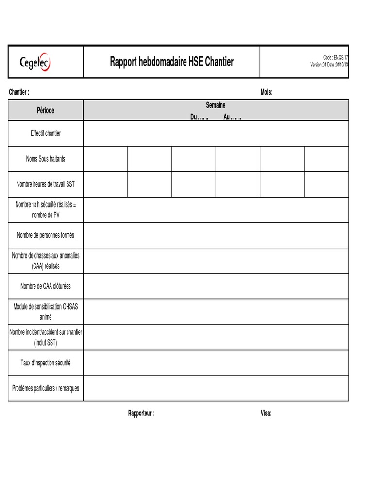 Exemple De Rapport De Travail Journalier Word Rapport Hebdomadaire HSE Chantier | PDF