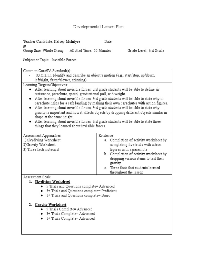 Developmental Lesson Plan 1. Skydiving Worksheet PDF Gravity