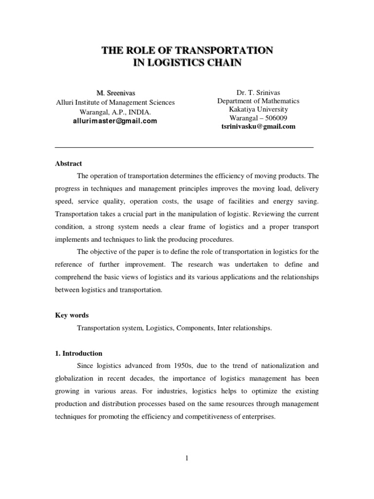 Role of Transportation in Logistics | PDF | Logistics | Warehouse