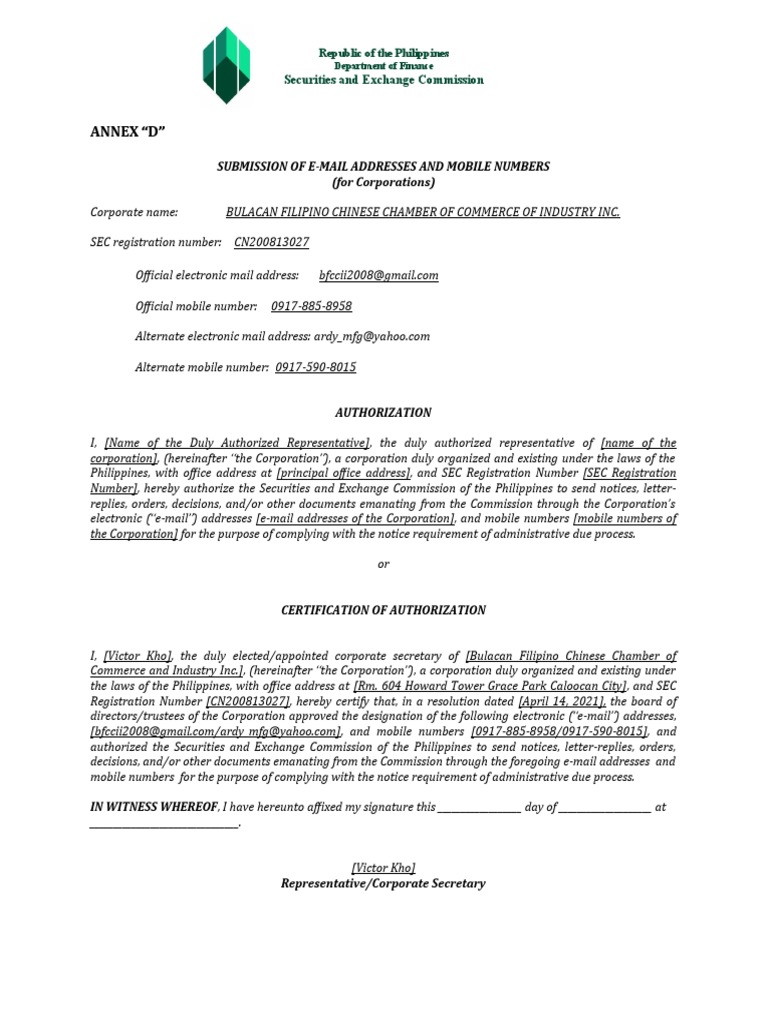 SEC Annex D Submission for Corporations | PDF | U.S. Securities And ...