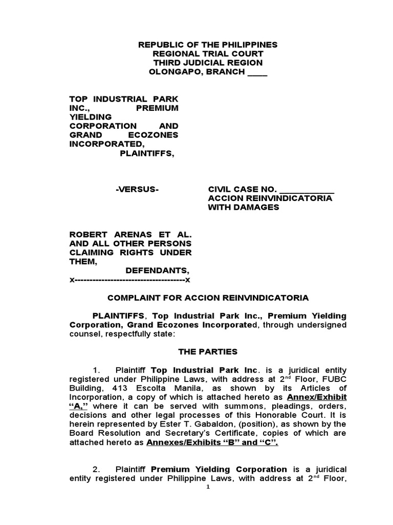 Top Industrial Inc. Et Al. Complaint For Accion Reivindicatoria Final