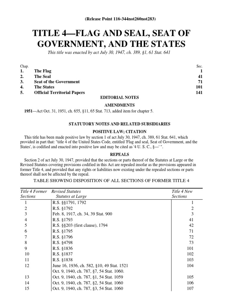 US Code Title 4 Flag and Seal, Seat of Government, and The States