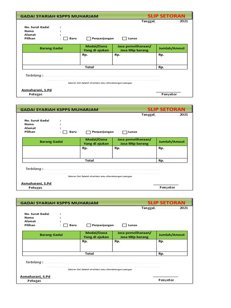 Slip Setoran Gadai Syariah 2021 | PDF