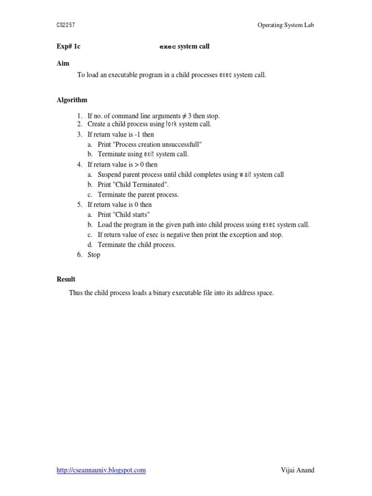Exp 1c exec system call aim cs2257 operating system lab pdf