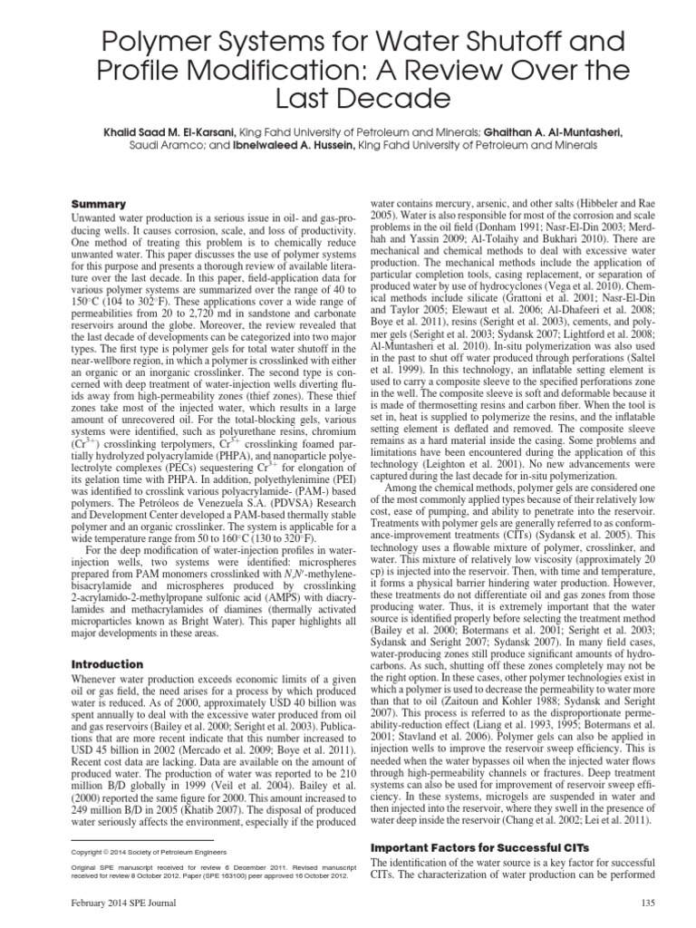 Polymer Systems For Water Shutoff and Profile Modification: A Review ...
