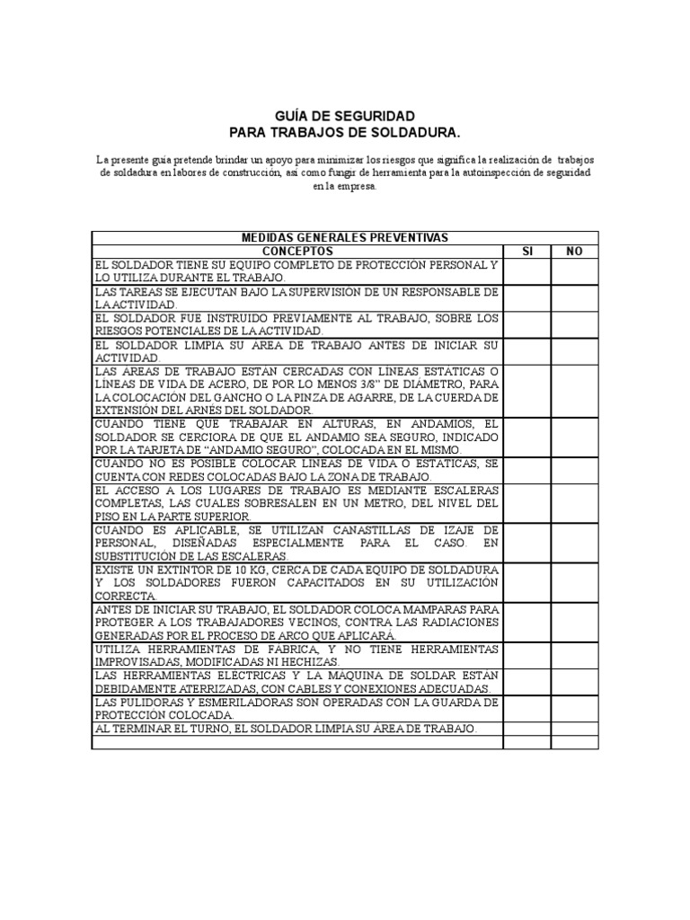 CHECKLIST PARA TRABAJOS DE SOLDADURA. Soldadura Energía y recursos