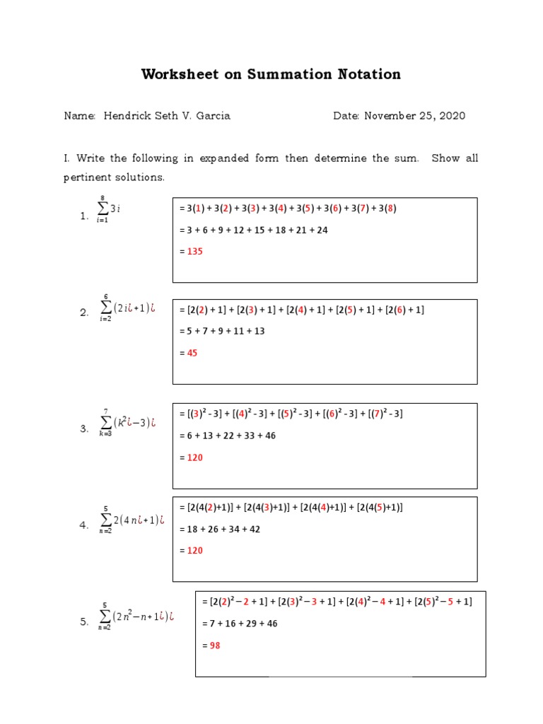 Worksheet On Summation Notation | PDF | Mathematical Objects | Teaching ...