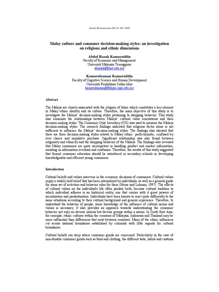 201 Malay Culture and Consumer Decision Making Styles An Investigation ...