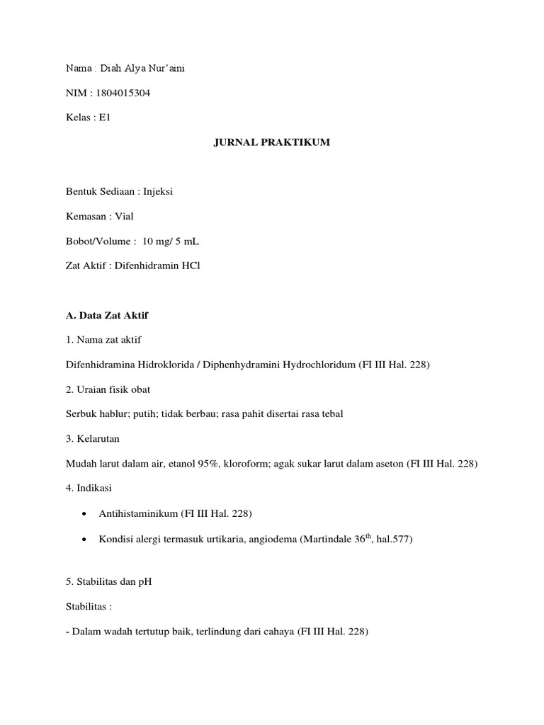 Dosis dan Pembuatan Injeksi Difenhidramin | PDF