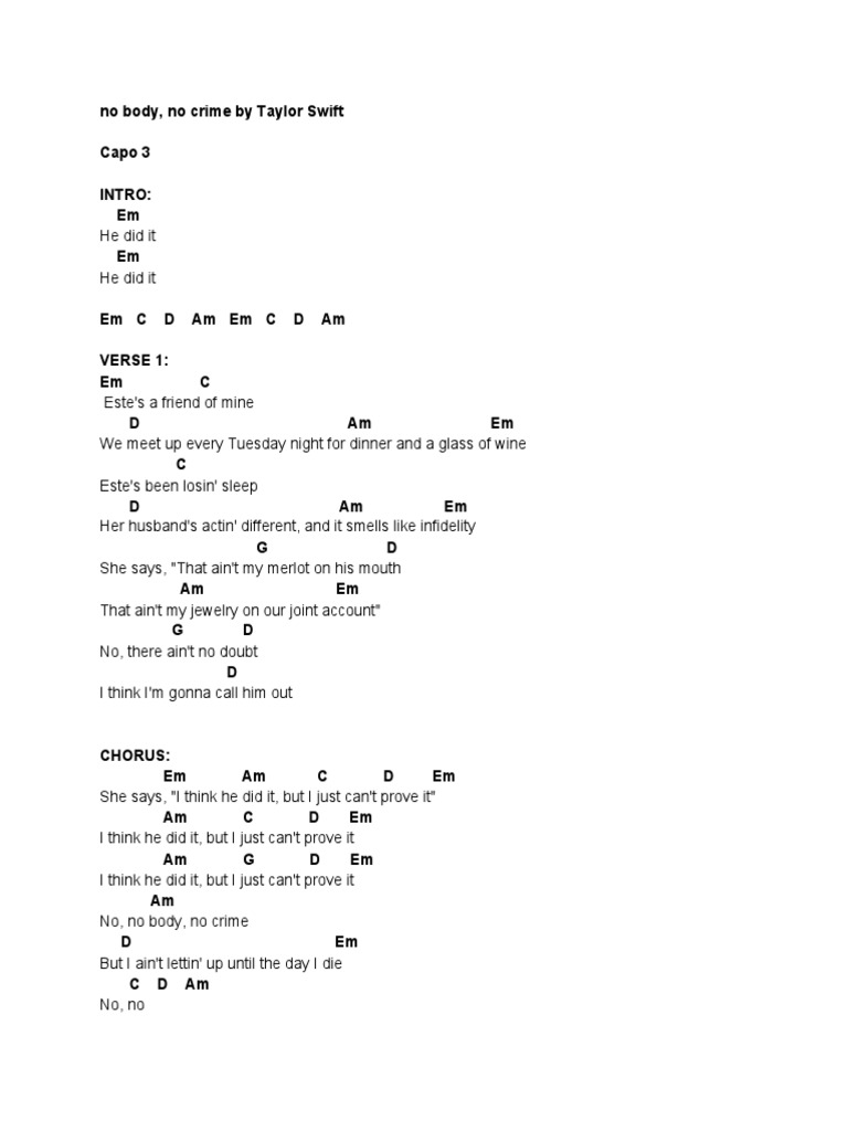 No Body, No Crime by Taylor Swift Capo 3 Intro em PDF Songs Song Recordings