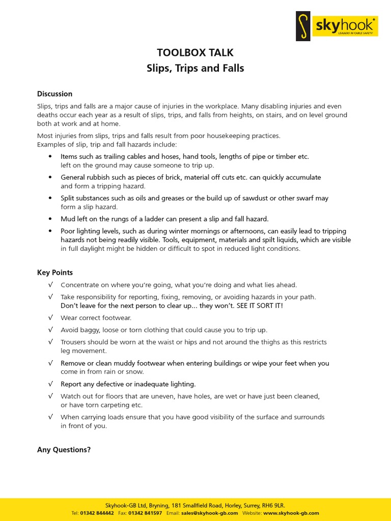 Toolbox Talk Slips Trips and Falls PDF Occupational Safety And