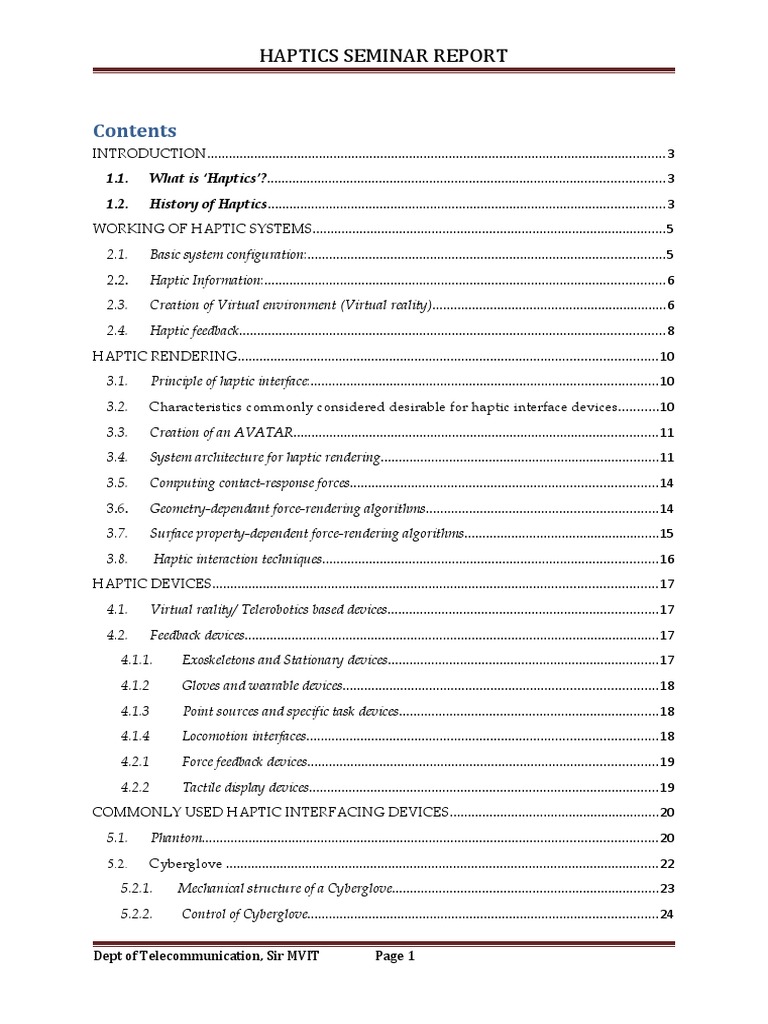 Haptics Technology Seminar Report | PDF | Virtual Reality | Simulation
