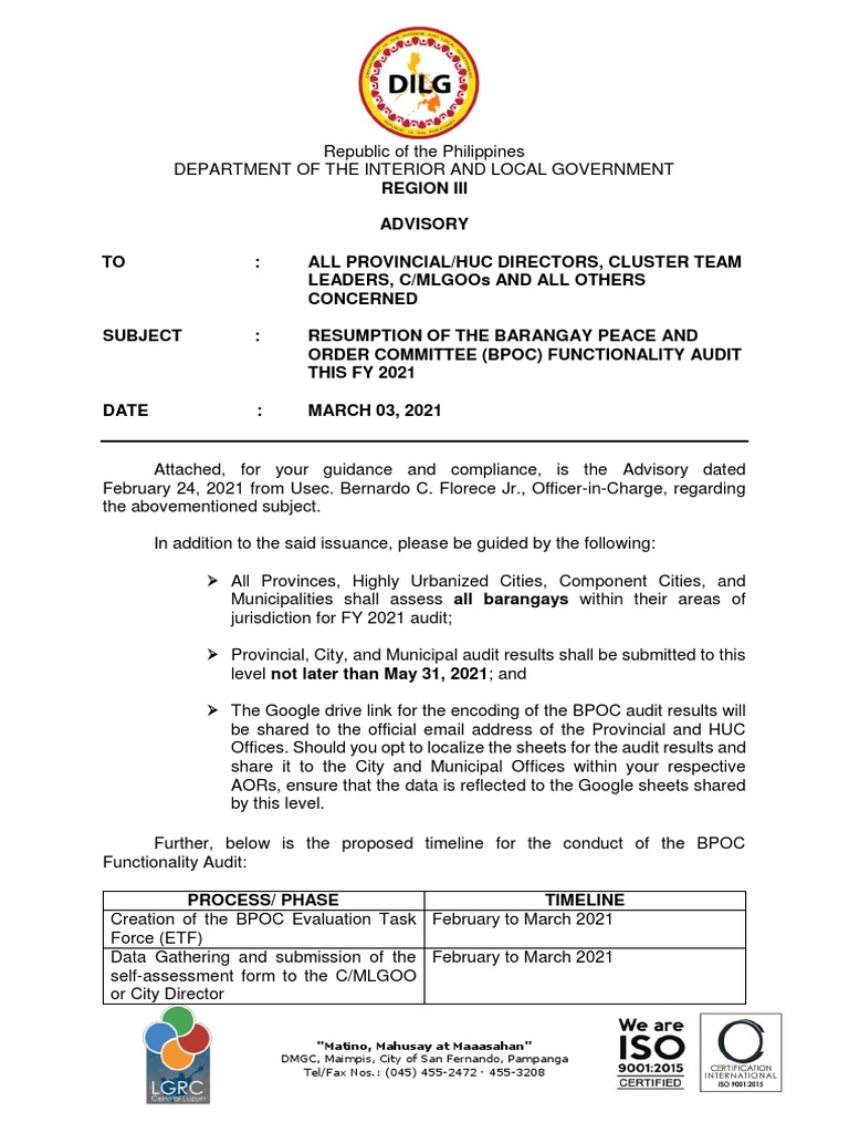 BPOC Functionality Audit Advisory 2021 | PDF | Audit | Justice