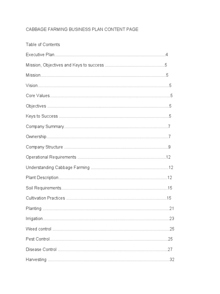Cabbage Farming Business Plan Content Page PDF Agriculture Finance (General)