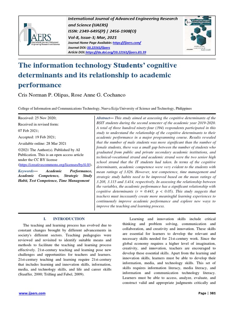 The Information Technology Students' Cognitive Determinants and Its ...