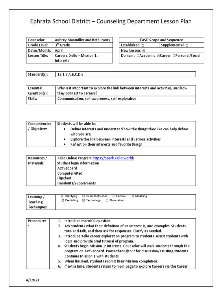 3rd Grade Career Exploration Lesson Plan | PDF | School Counselor | Lecture