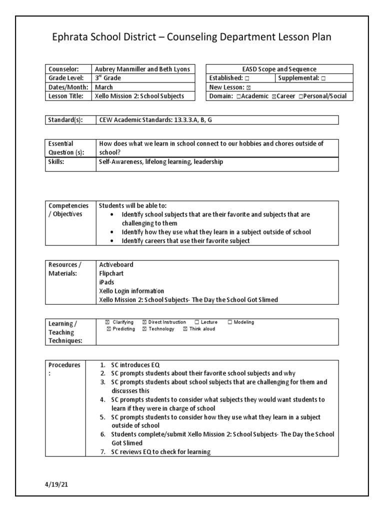 Ephrata School District - Counseling Department Lesson Plan | PDF ...