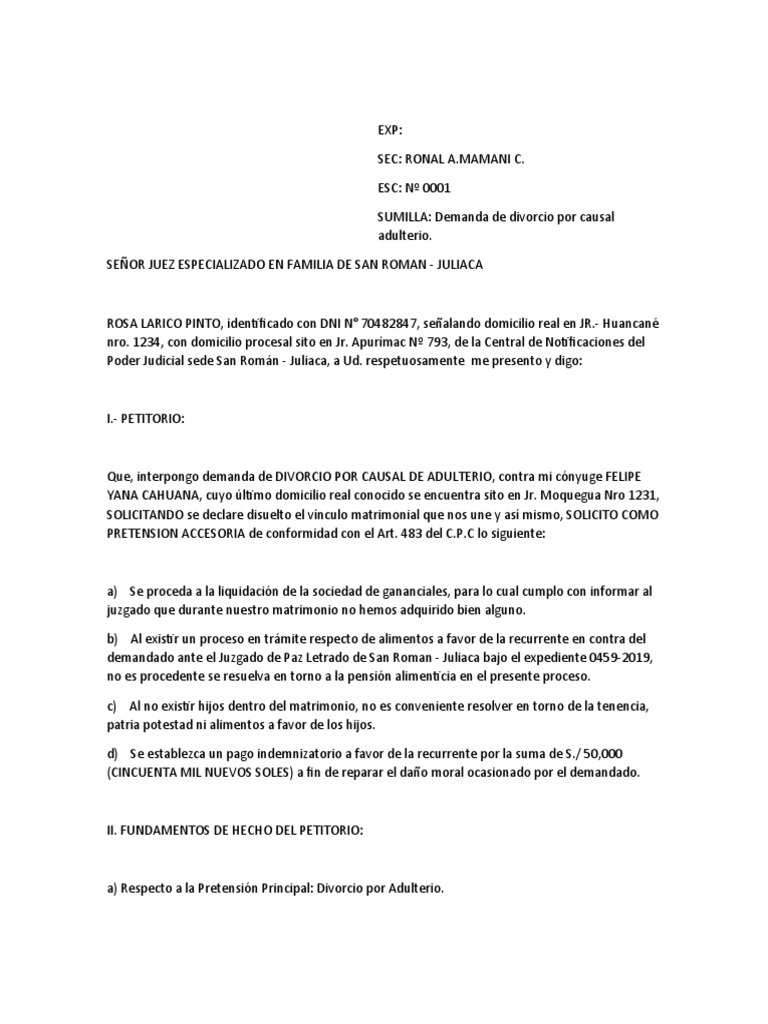 Demanda Por Causal de Adulterio PDF Divorcio Propiedad de la