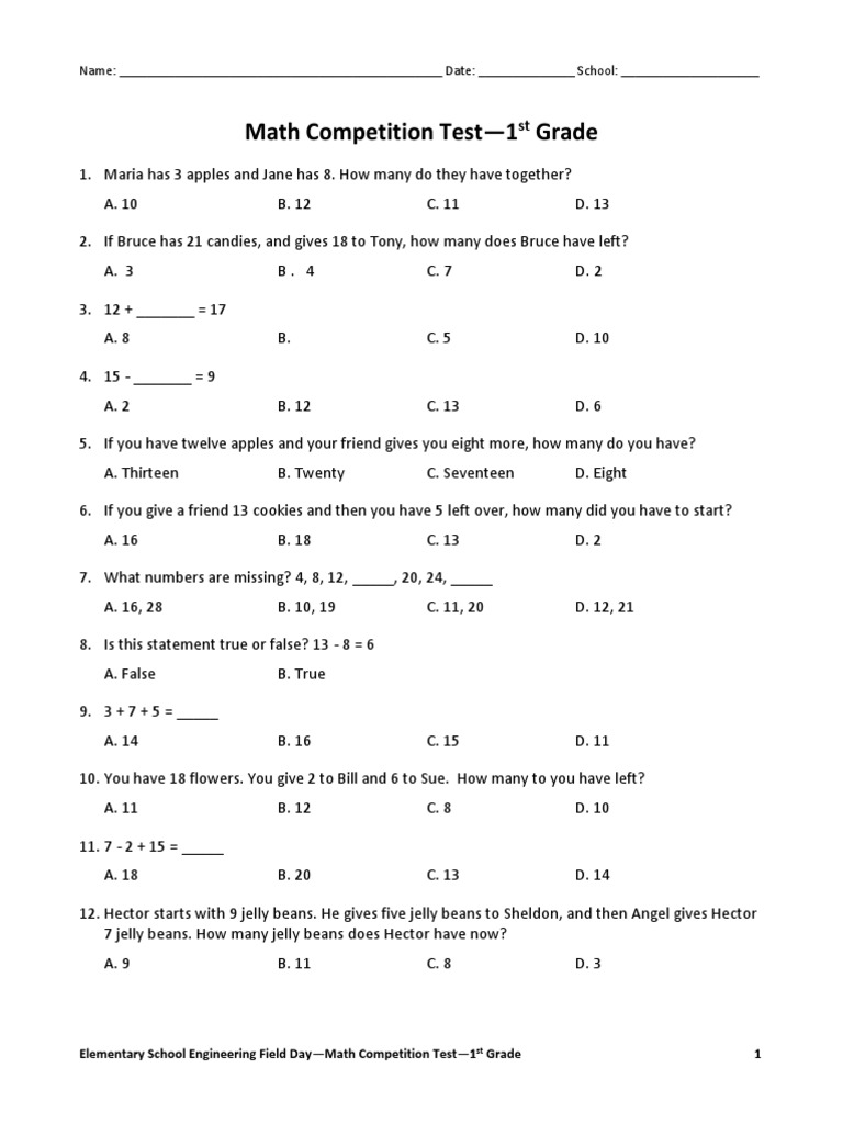 Math Competition Test-1 Grade | PDF