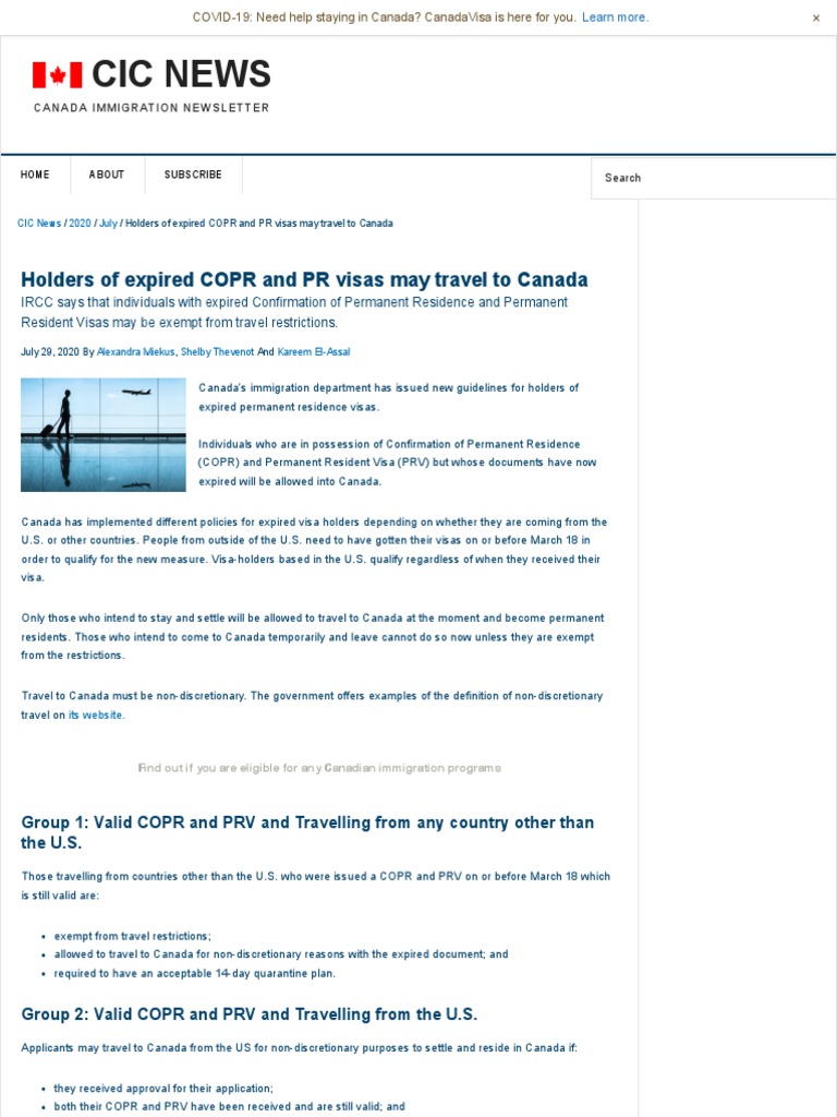 Holders of Expired COPR and PR Visas May Travel To Canada Canada