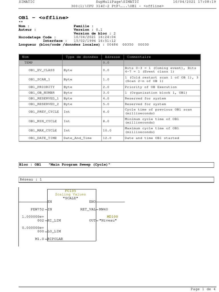 Bloc OB1 : Programme Principal SIMATIC | PDF | Informatique ...