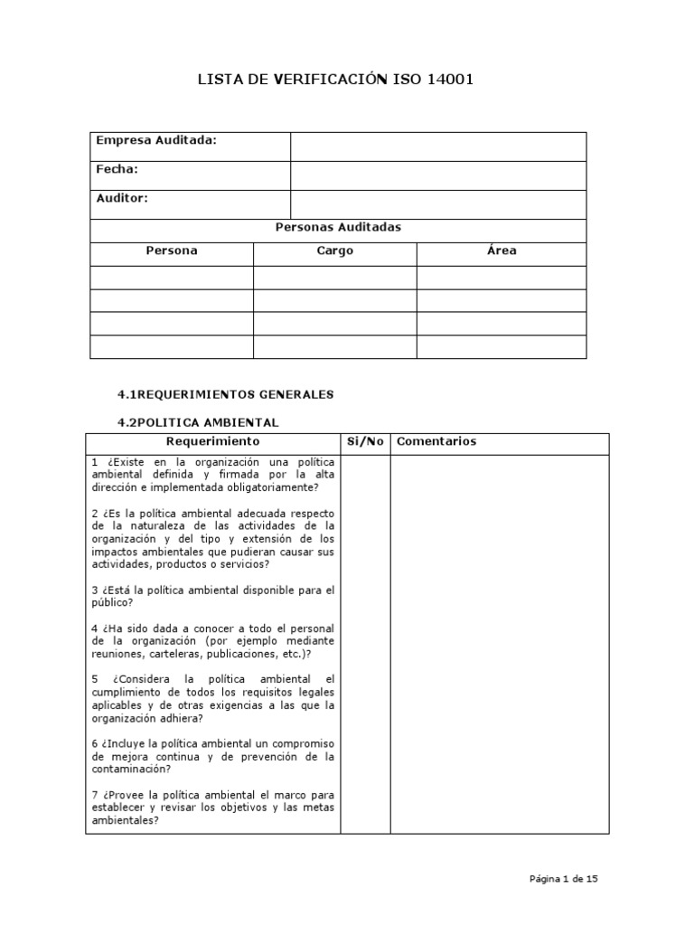 Check List ISO 14001 | PDF | Auditoría | Política de medio ambiente