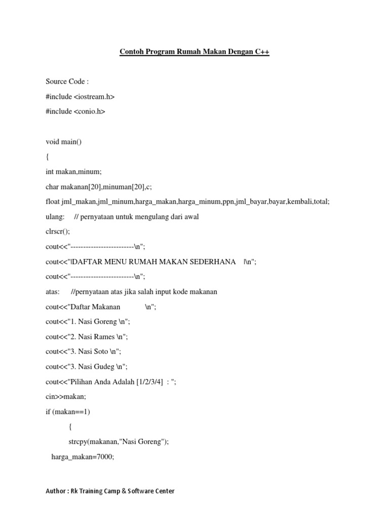 Contoh Program C++ Rumah Makan Sederhana | PDF