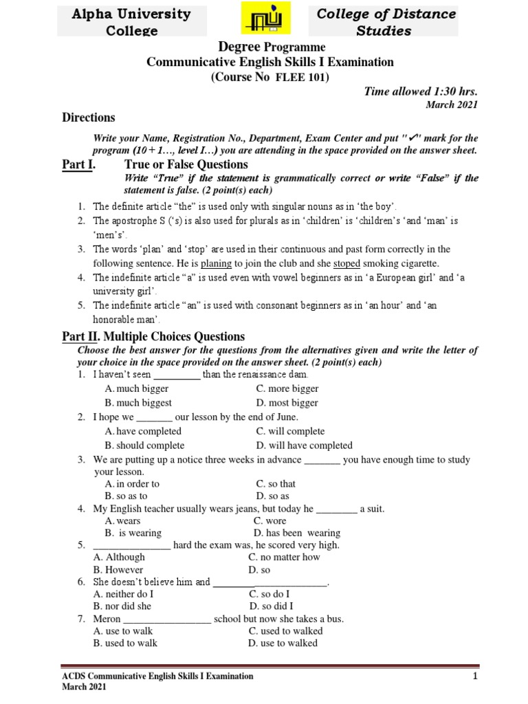 Communicative English Skill I Examination Converted Min Pdf English