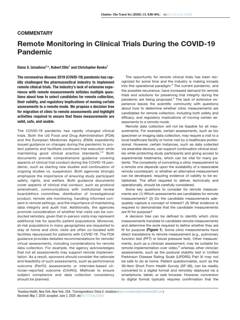 Remote Monitoring in Clinical Trials During The COVID-19 Pandemic 2020 ...