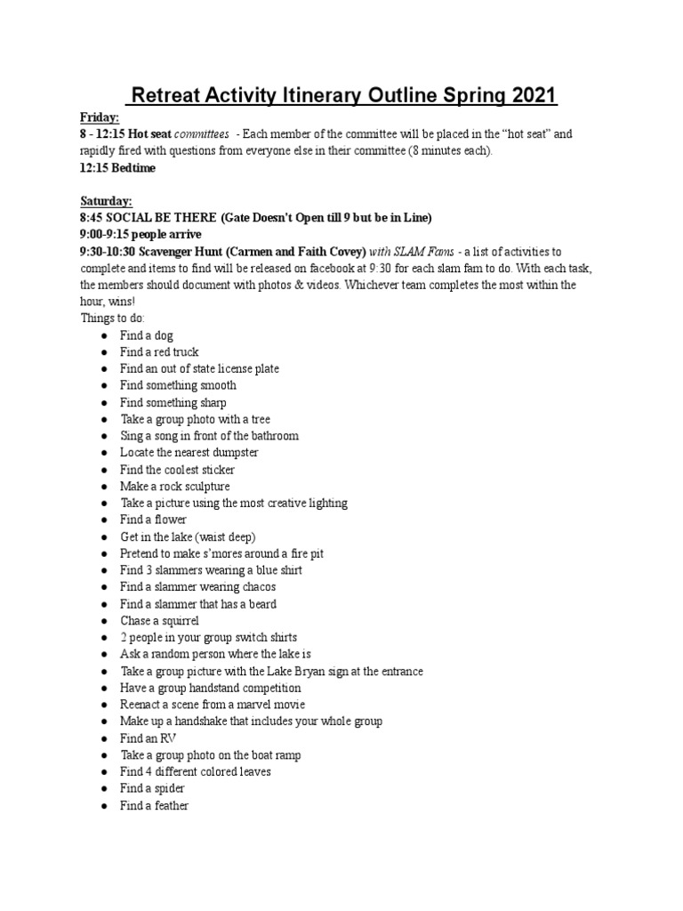 Retreat Activity Itinerary Outline - 2021 | PDF | Leisure
