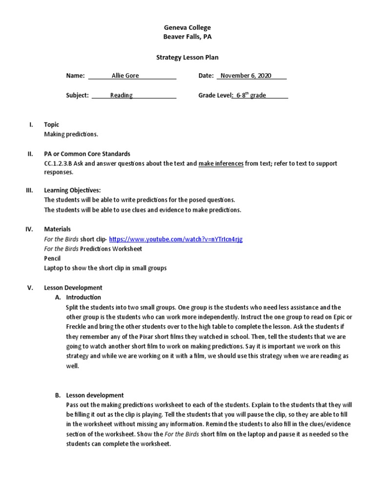 6-8 Grade Reading Prediction Lesson Plan | PDF | Educational Psychology ...