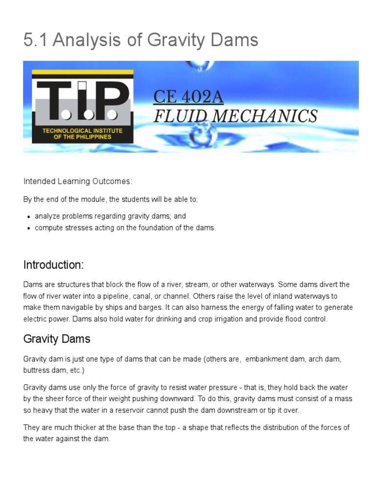 5.1 Analysis of Gravity Dams CE 309CE22S2 Fluid Mechanics PDF
