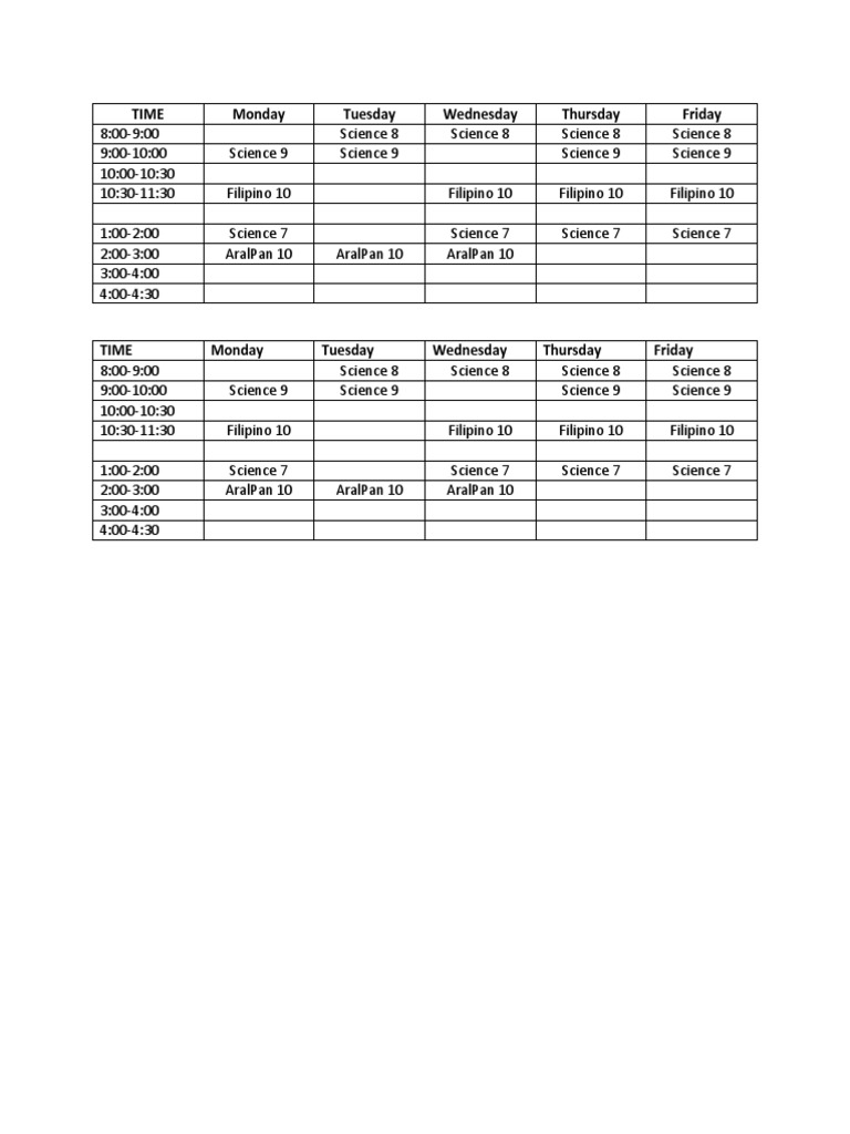 Weekly Class Schedule Overview | PDF