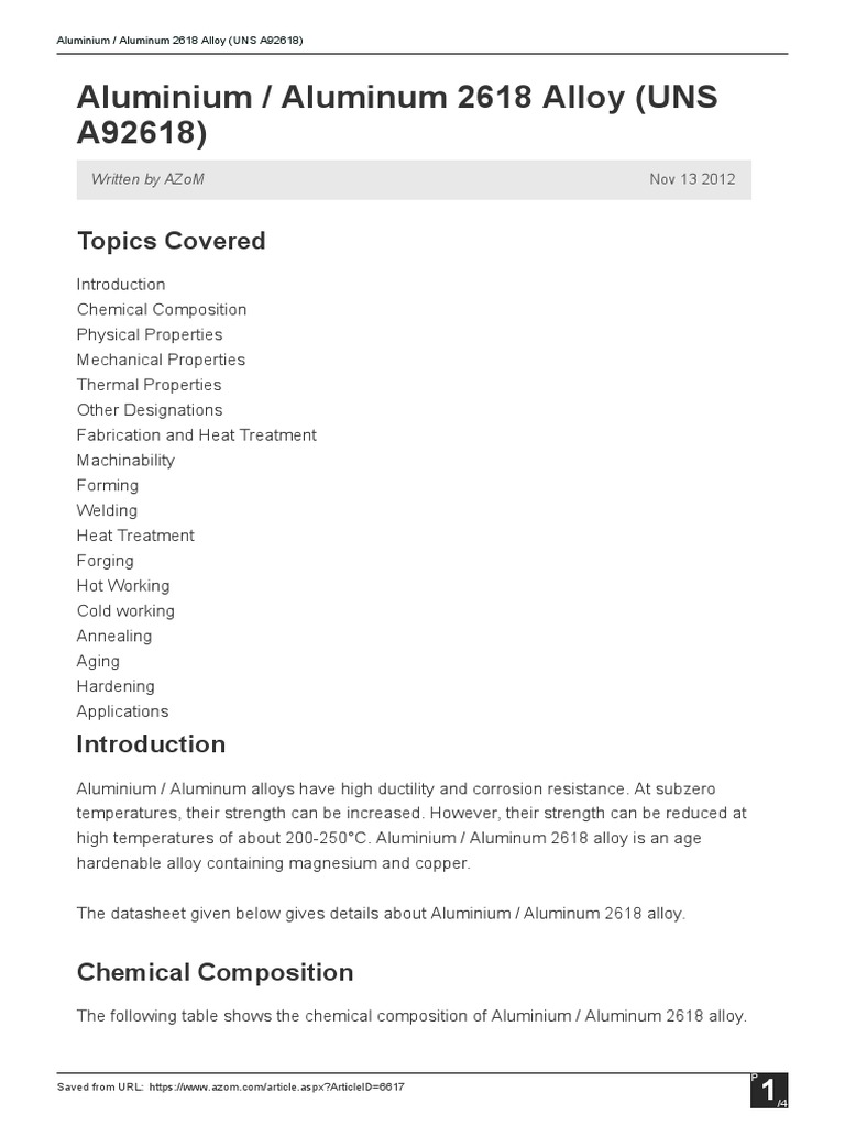 Aluminium / Aluminum 2618 Alloy (UNS A92618) : Topics Covered | PDF ...
