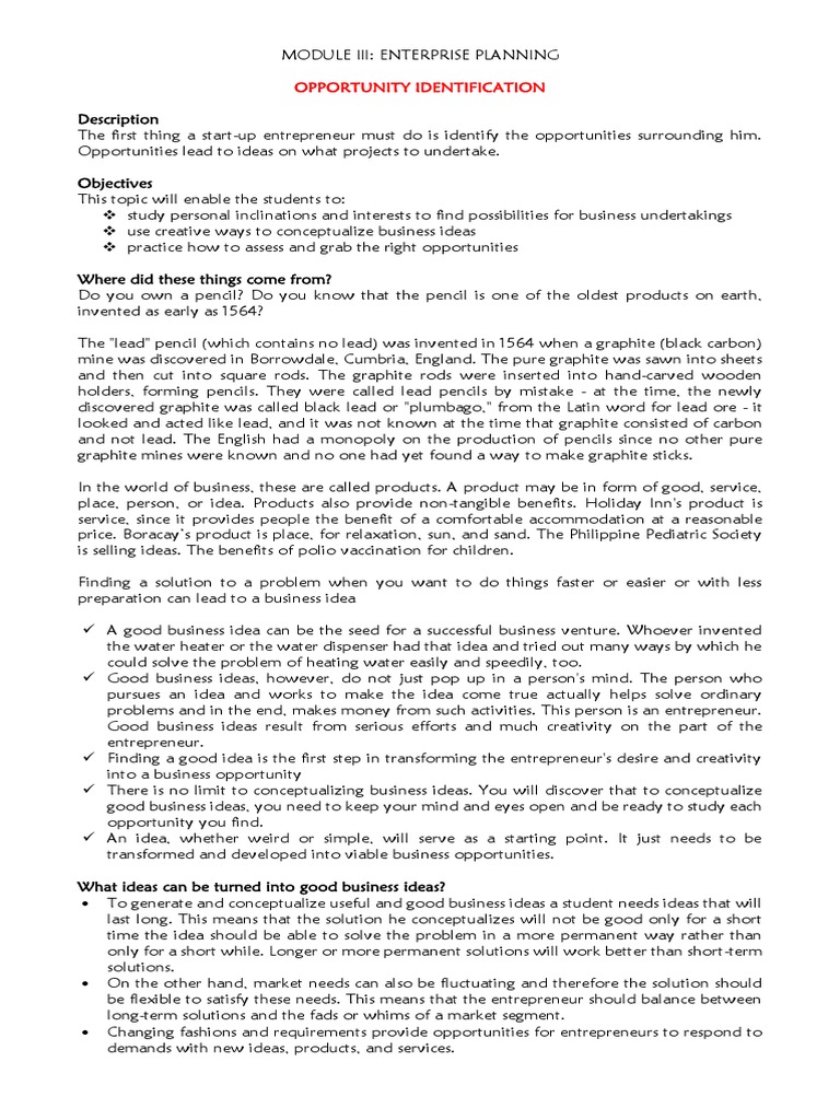 Identifying Business Opportunities for Startups | PDF | Pencil ...