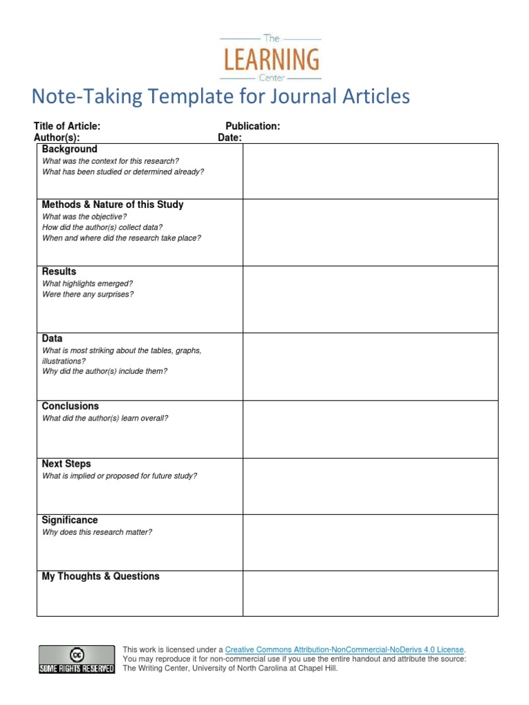 Note Taking Template For Journal Articles 1 PDF